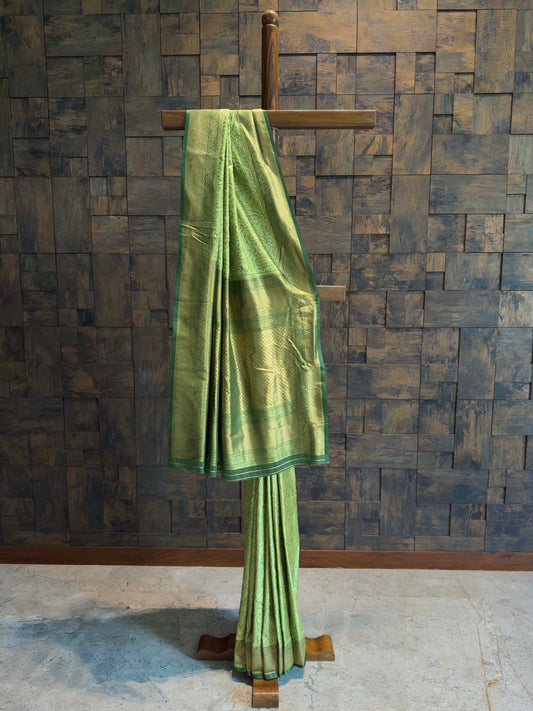 Emerald Green Tanchoi Satin Silk Saree with Zari Border