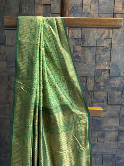 Emerald Green Tanchoi Satin Silk Saree with Zari Border