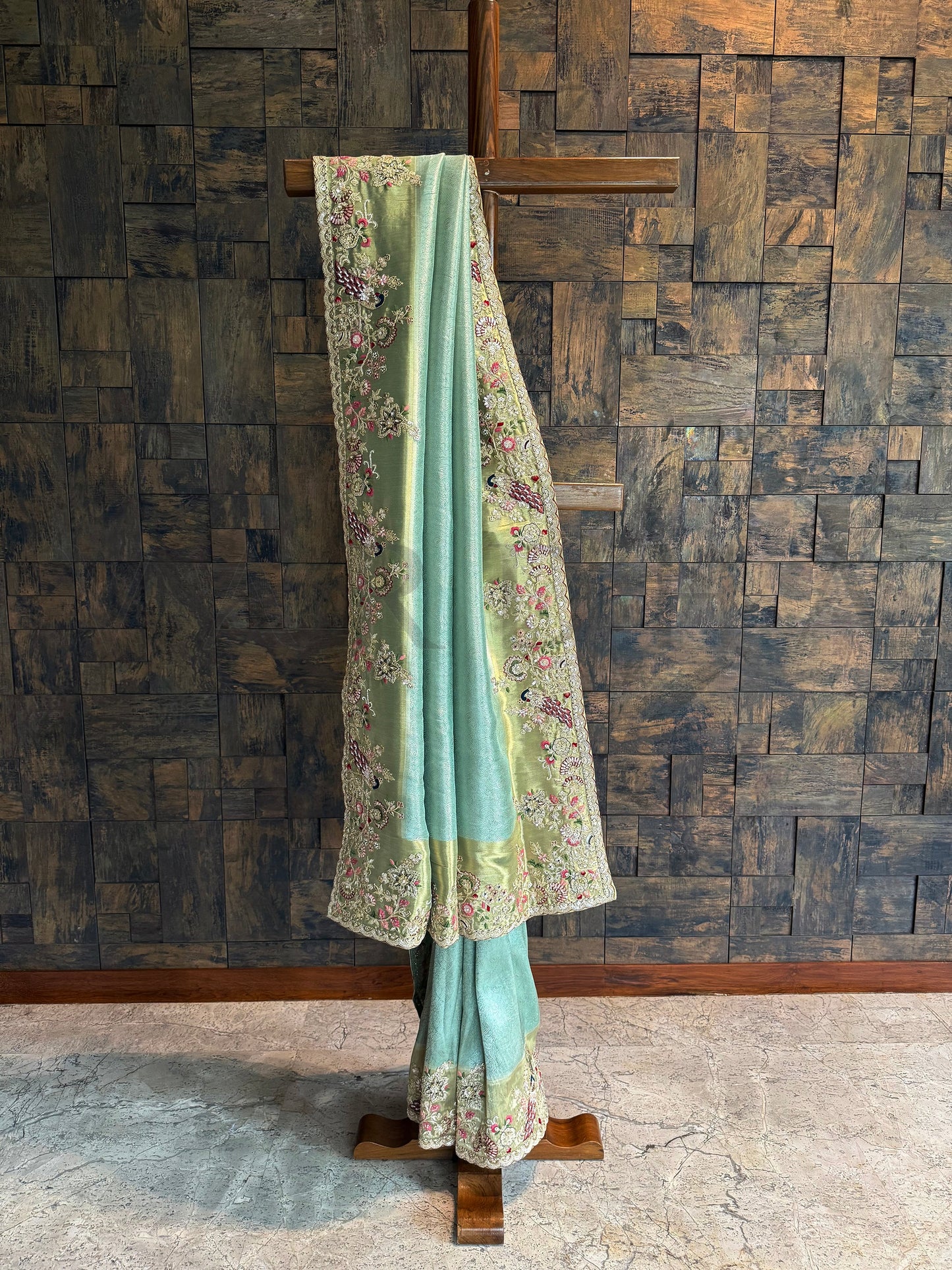 Firozi Saree Kanjivaram Tissue Silk Saree with Zari Weaving & Hand Work