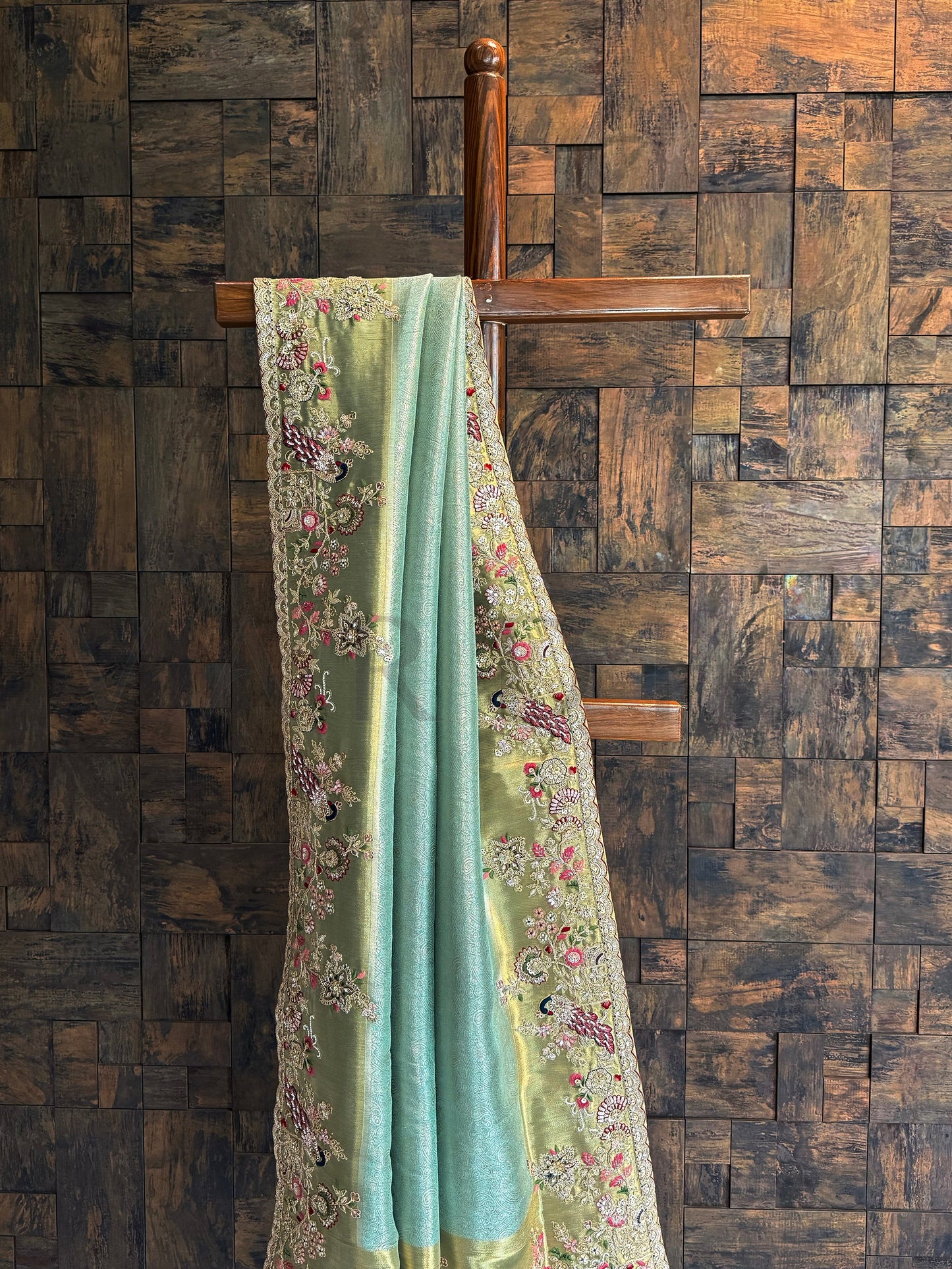 Firozi Saree Kanjivaram Tissue Silk Saree with Zari Weaving & Hand Work