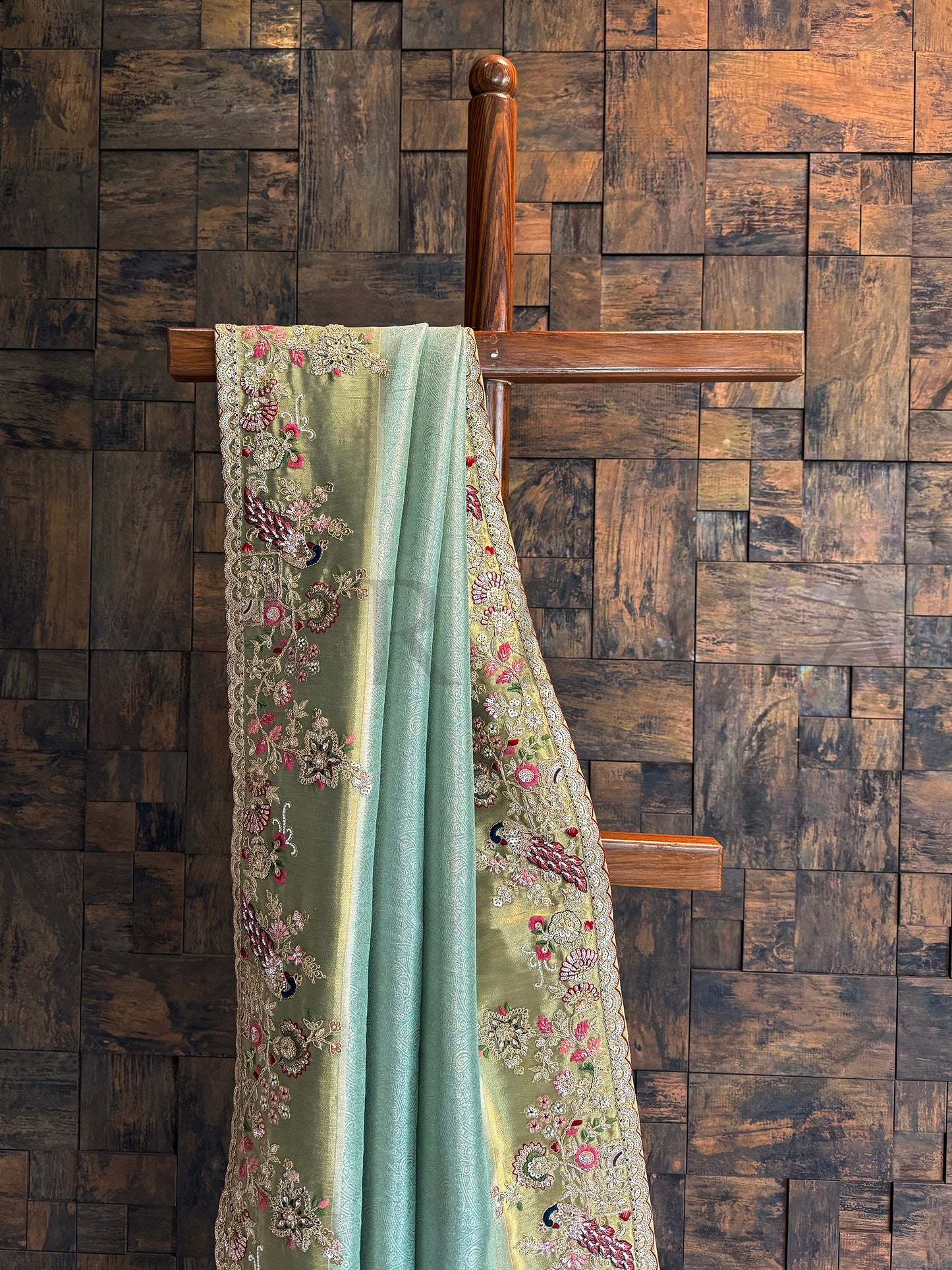 Firozi Saree Kanjivaram Tissue Silk Saree with Zari Weaving & Hand Work