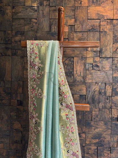 Firozi Saree Kanjivaram Tissue Silk Saree with Zari Weaving & Hand Work