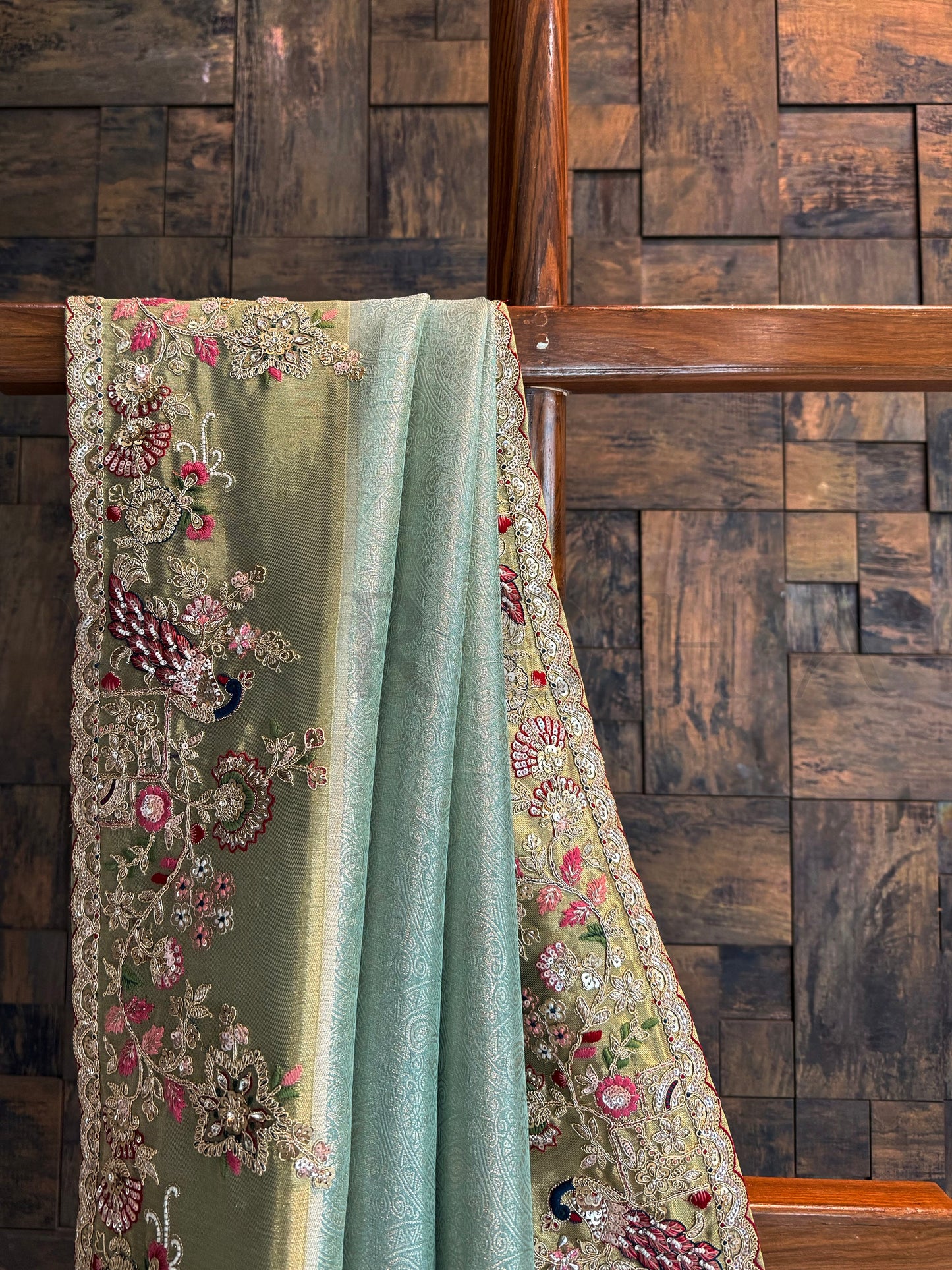 Firozi Saree Kanjivaram Tissue Silk Saree with Zari Weaving & Hand Work