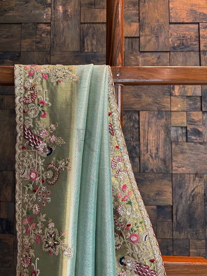 Firozi Saree Kanjivaram Tissue Silk Saree with Zari Weaving & Hand Work