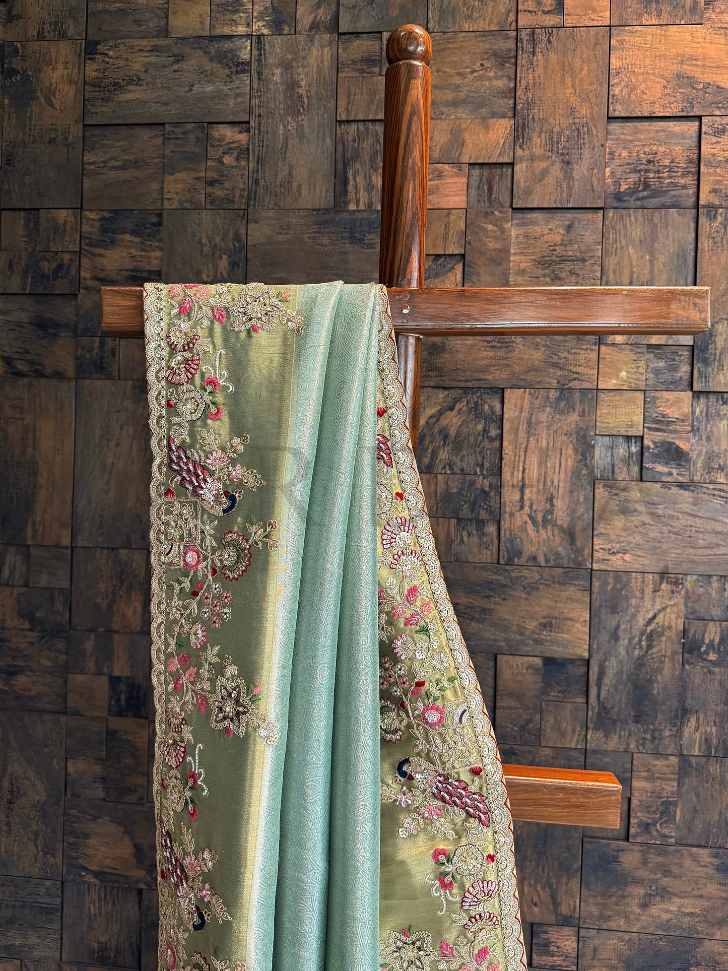 Firozi Saree Kanjivaram Tissue Silk Saree with Zari Weaving & Hand Work
