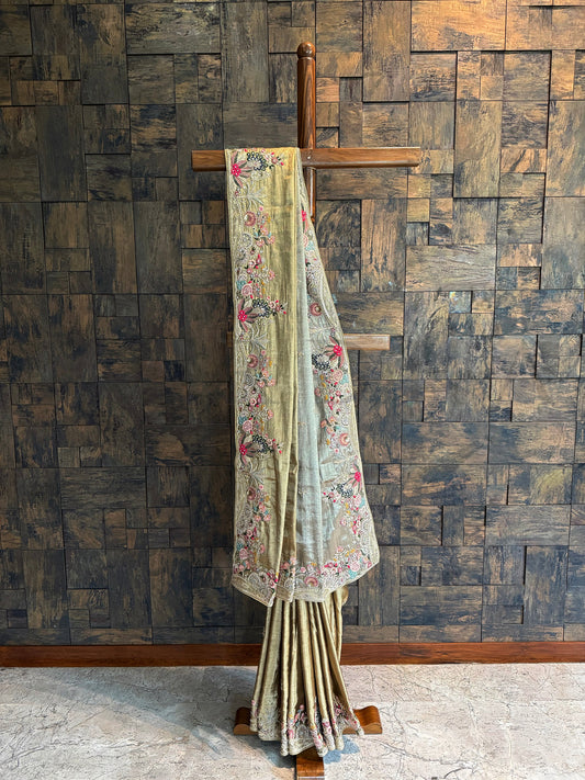 Gold Tissue Silk Saree with Zari Sequins & Hand Work