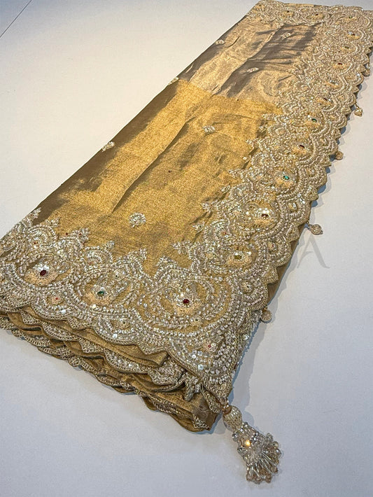Gold Kanjivaram Tissue Silk Saree with Zari Weaving & Hand Zardozi Work
