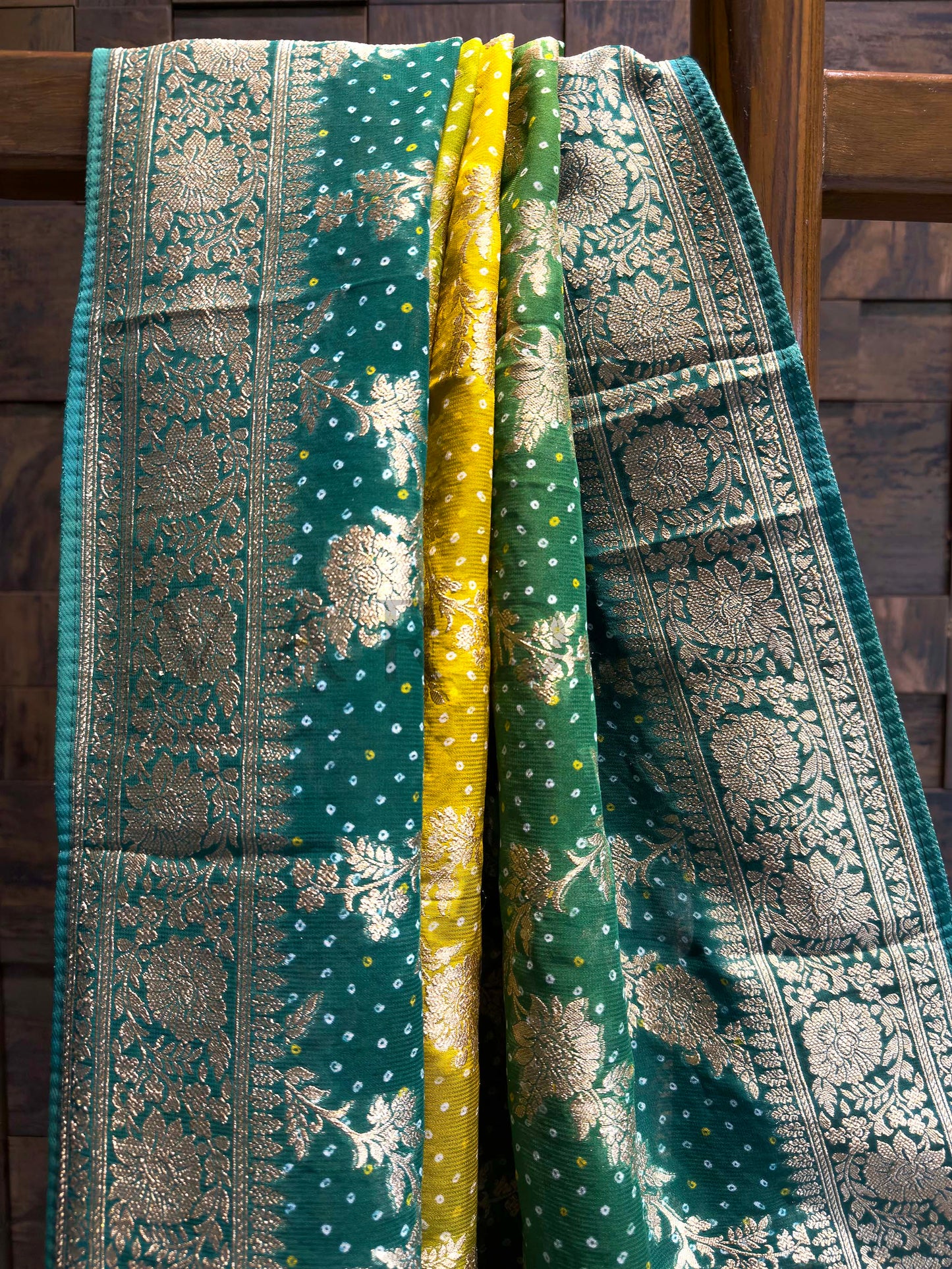 Green Bandhani Feathersoft Georgette Saree with Gold Zari Weaving