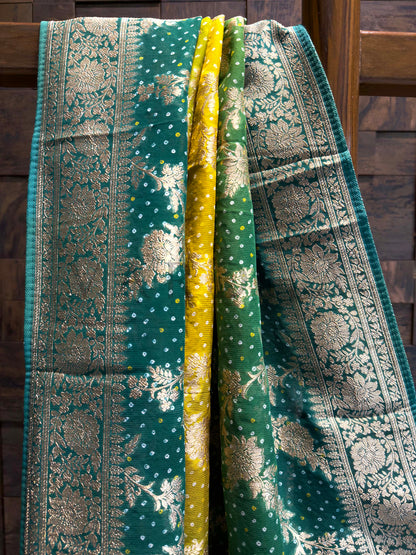 Green Bandhani Feathersoft Georgette Saree with Gold Zari Weaving