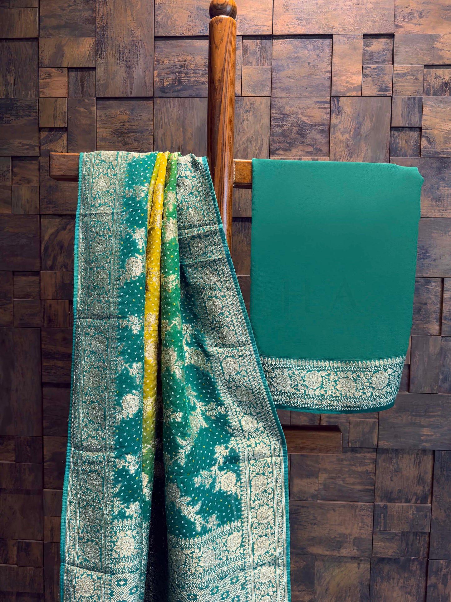 Green Bandhani Feathersoft Georgette Saree with Gold Zari Weaving