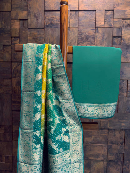 Green Bandhani Feathersoft Georgette Saree with Gold Zari Weaving