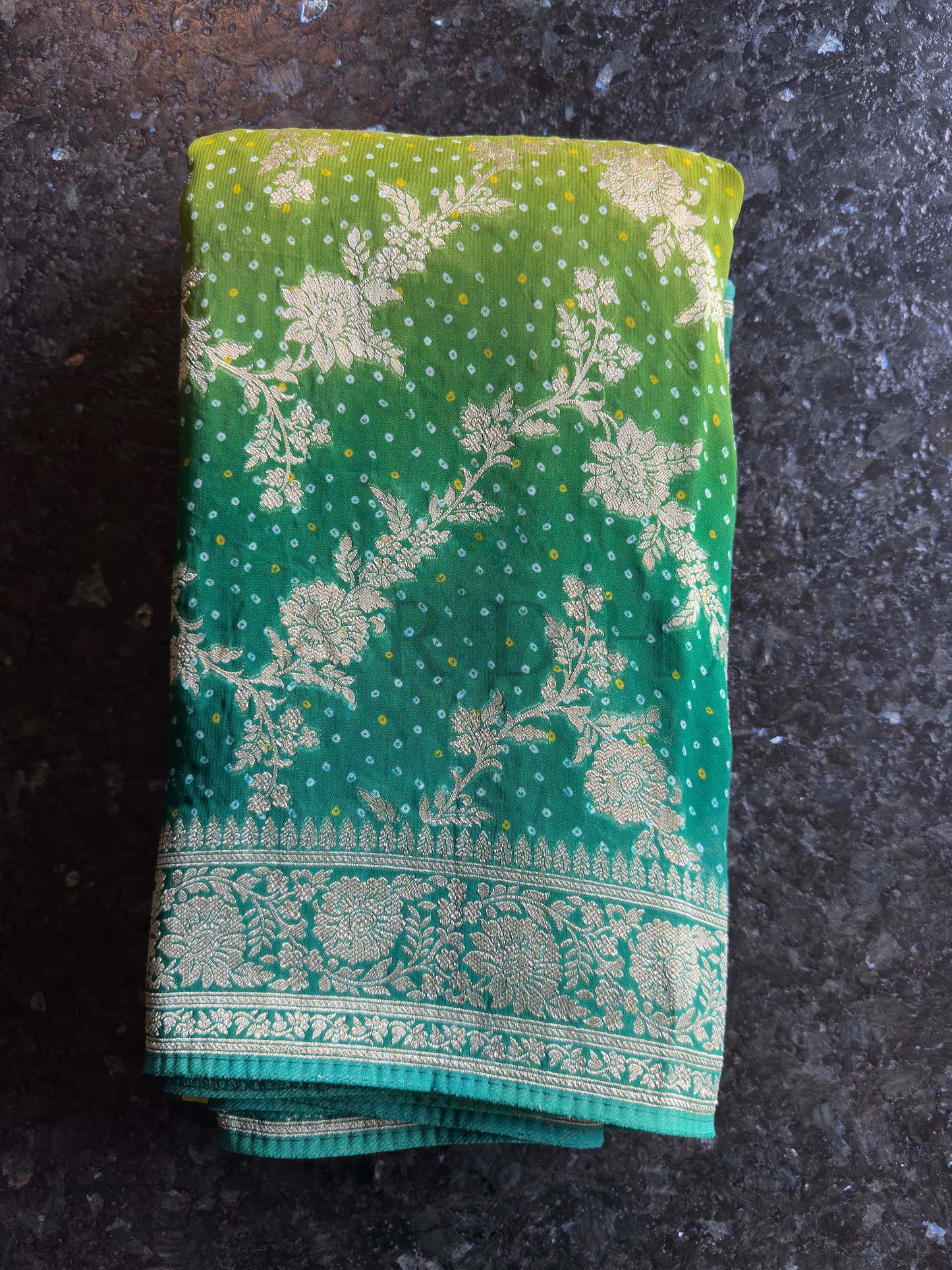 Green Bandhani Feathersoft Georgette Saree with Gold Zari Weaving