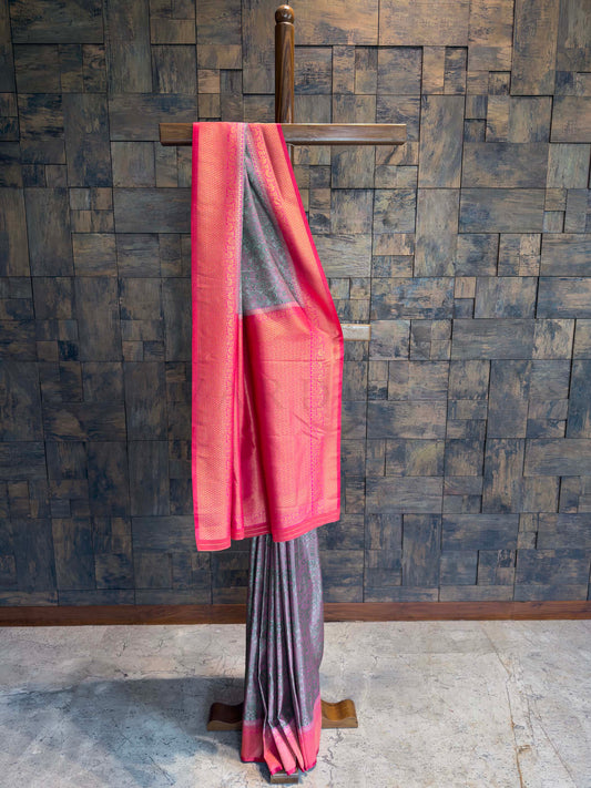 Grey-Pink Tanchoi Satin Silk Saree with Zari Border