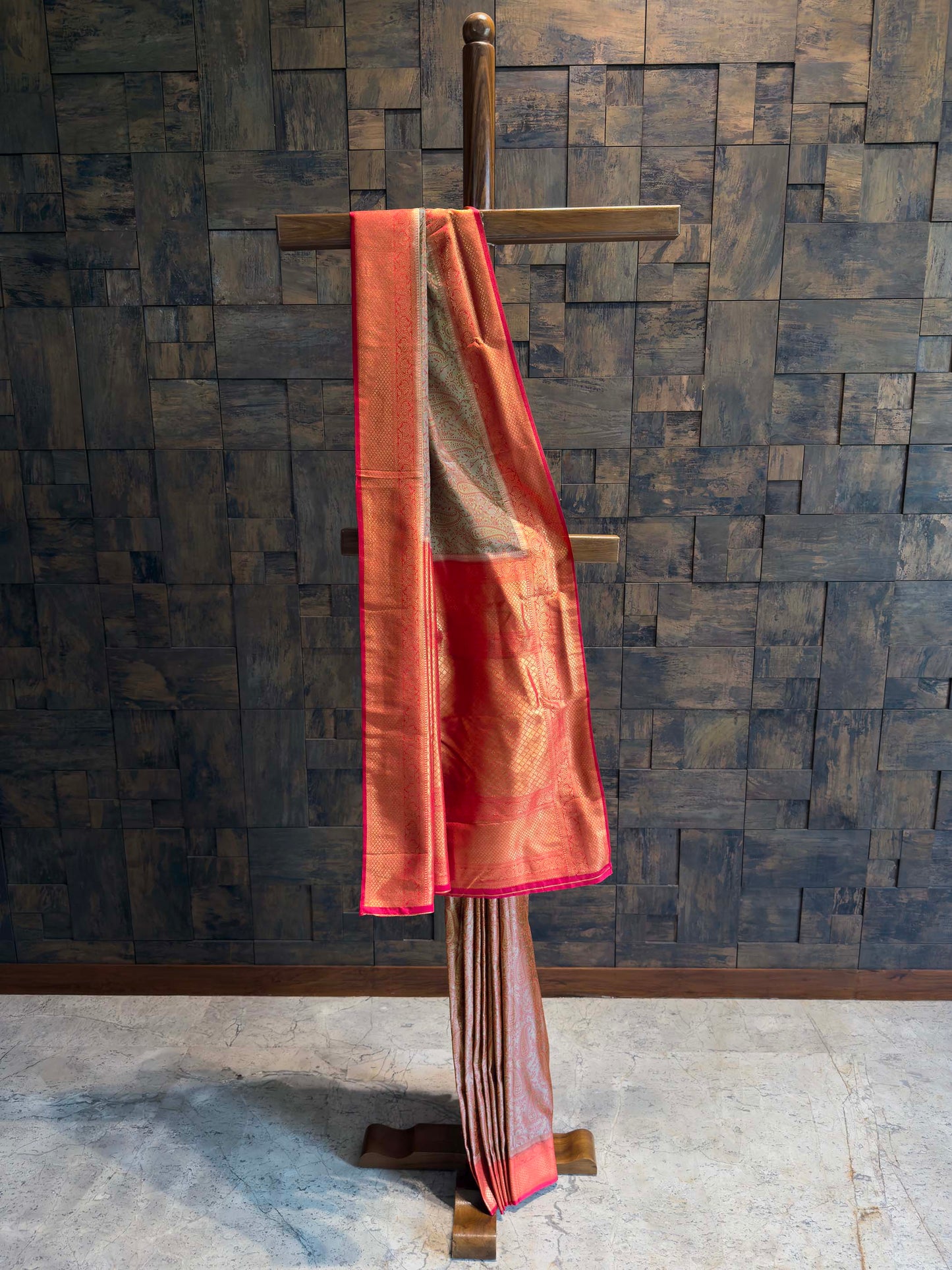 Grey-Red Tanchoi Satin Silk Saree with Zari Work