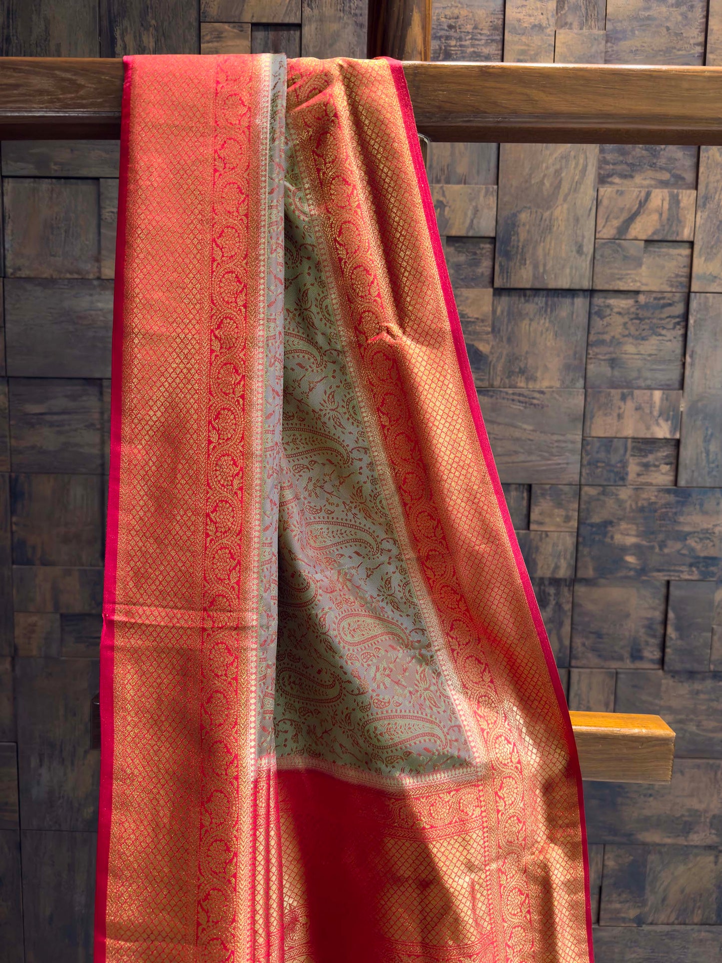 Grey-Red Tanchoi Satin Silk Saree with Zari Work