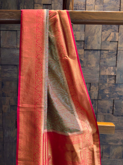 Grey-Red Tanchoi Satin Silk Saree with Zari Work