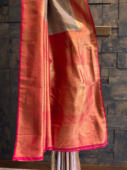 Grey-Red Tanchoi Satin Silk Saree with Zari Work