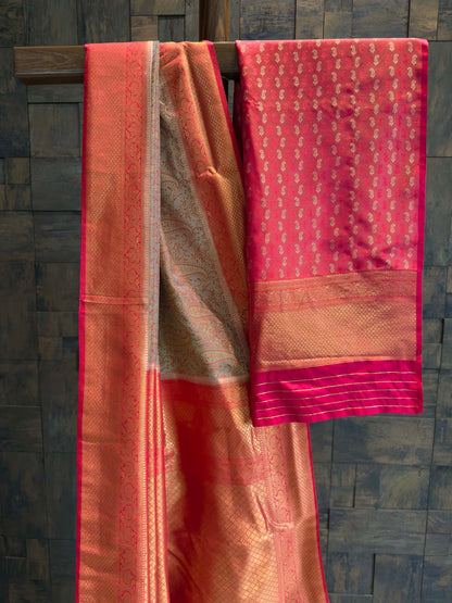 Grey-Red Tanchoi Satin Silk Saree with Zari Work