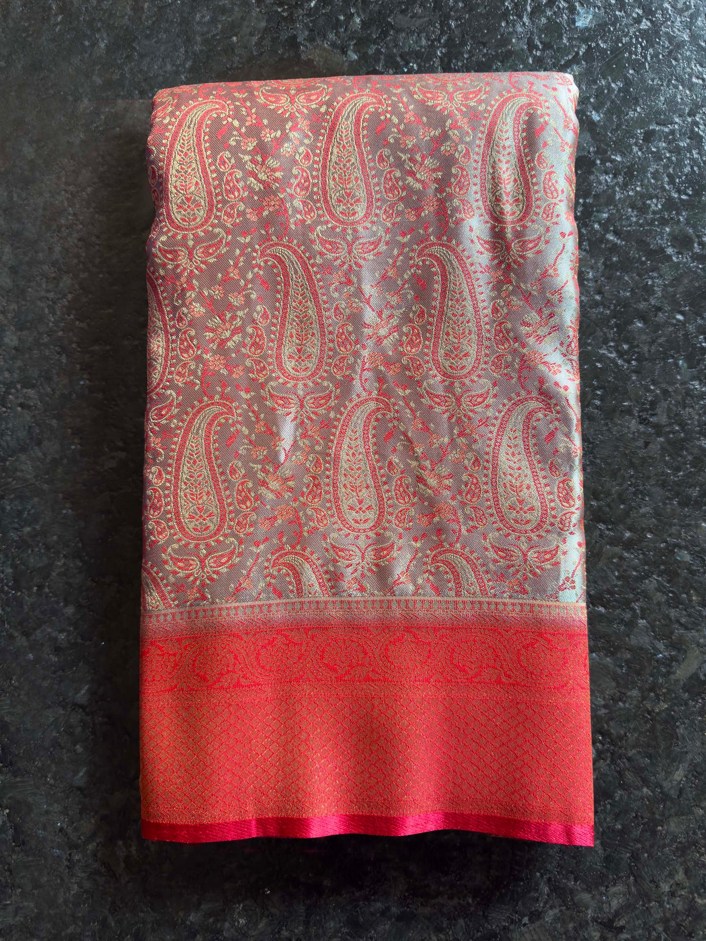 Grey-Red Tanchoi Satin Silk Saree with Zari Work