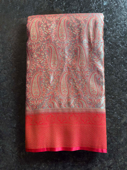 Grey-Red Tanchoi Satin Silk Saree with Zari Work