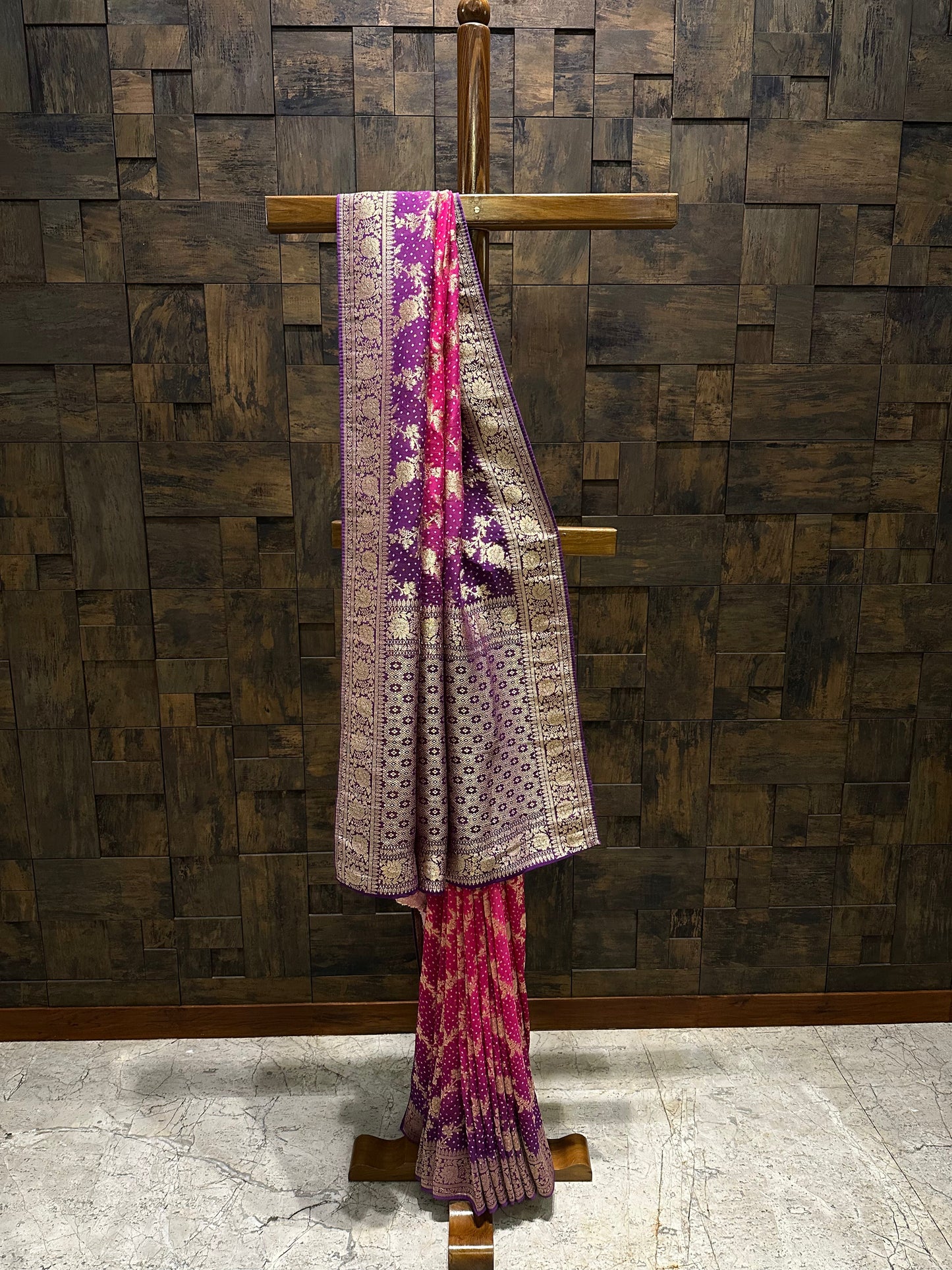Pink Bandhani Feathersoft Georgette Saree with Gold Zari Weaving