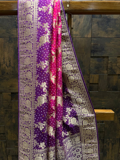 Pink Bandhani Feathersoft Georgette Saree with Gold Zari Weaving