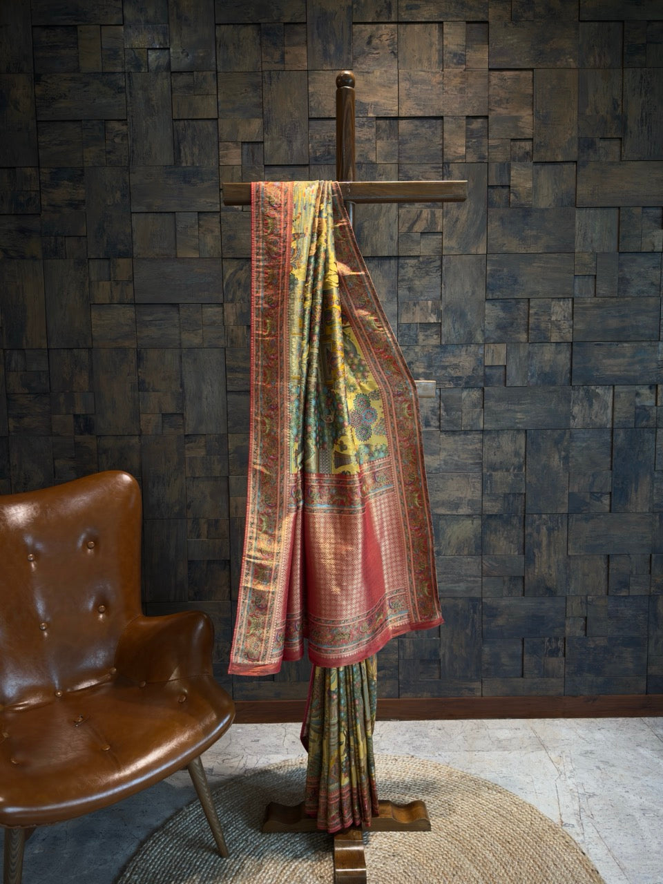 Mustard Yellow Mughal Motif Banarasi Katan Silk Saree with Pink Tissue Blouse