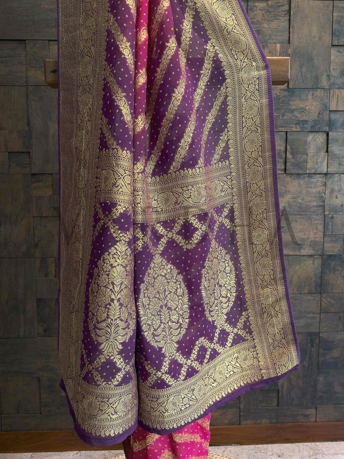 Pink Bandhani Feathersoft Georgette Saree with Gold Zari Weaving