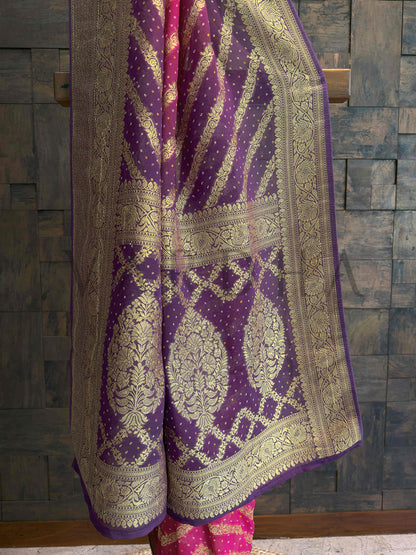 Pink Bandhani Feathersoft Georgette Saree with Gold Zari Weaving