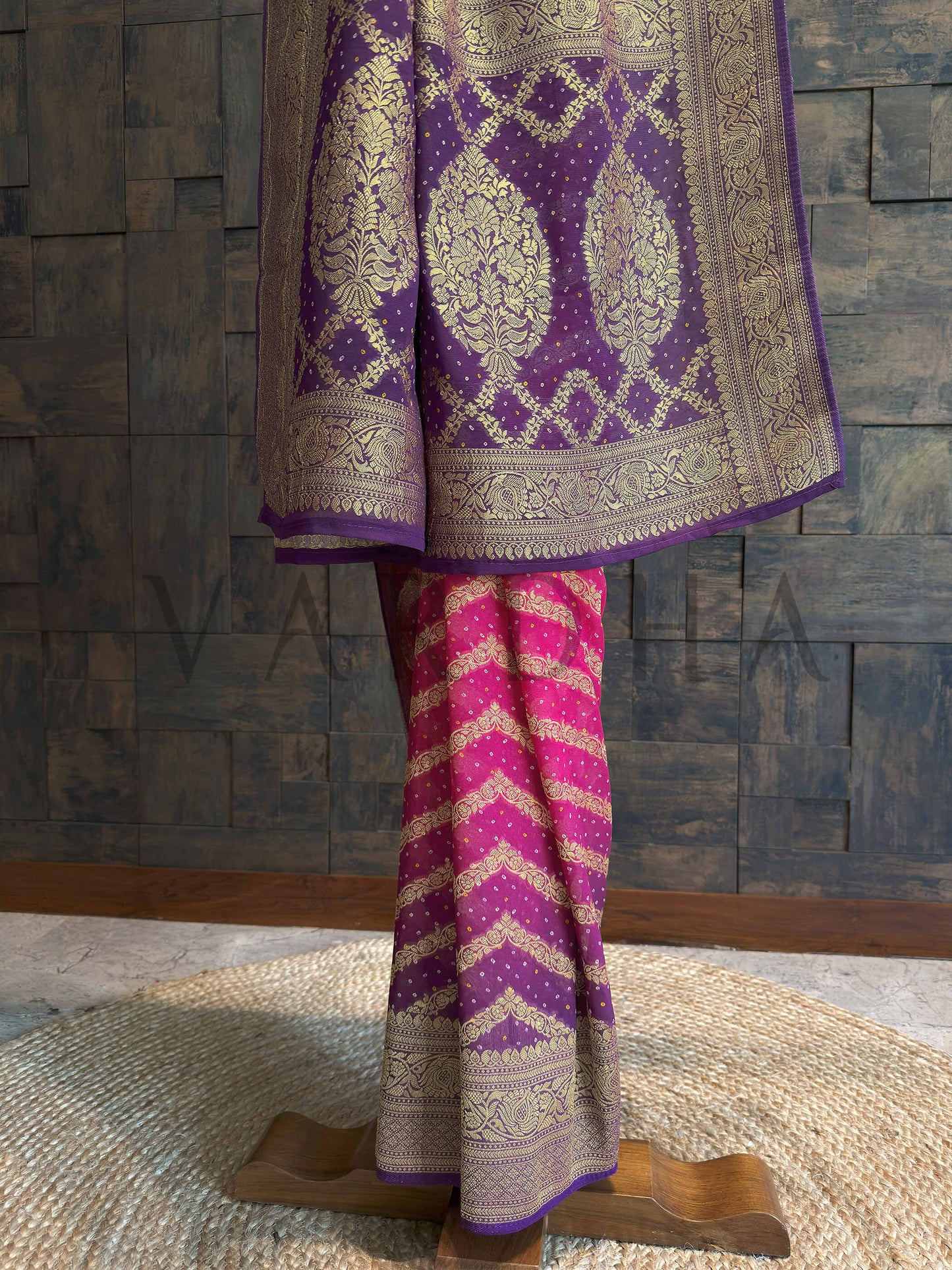 Pink Bandhani Feathersoft Georgette Saree with Gold Zari Weaving