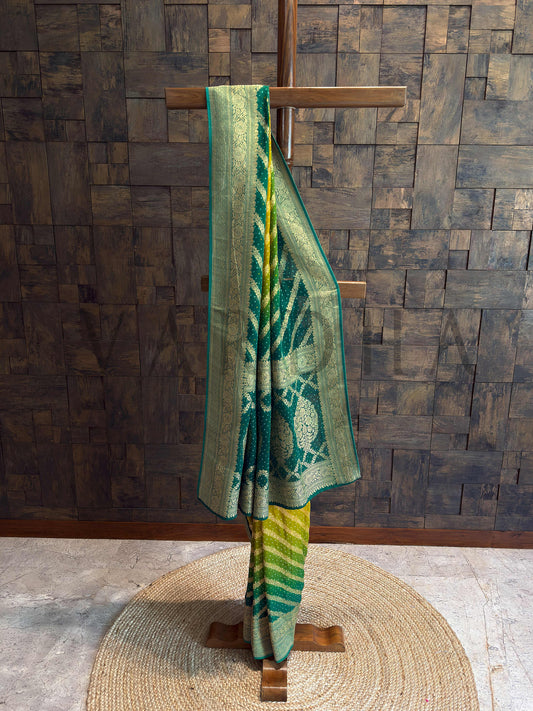 Green Bandhani Feathersoft Georgette Saree with Gold Zari Weaving