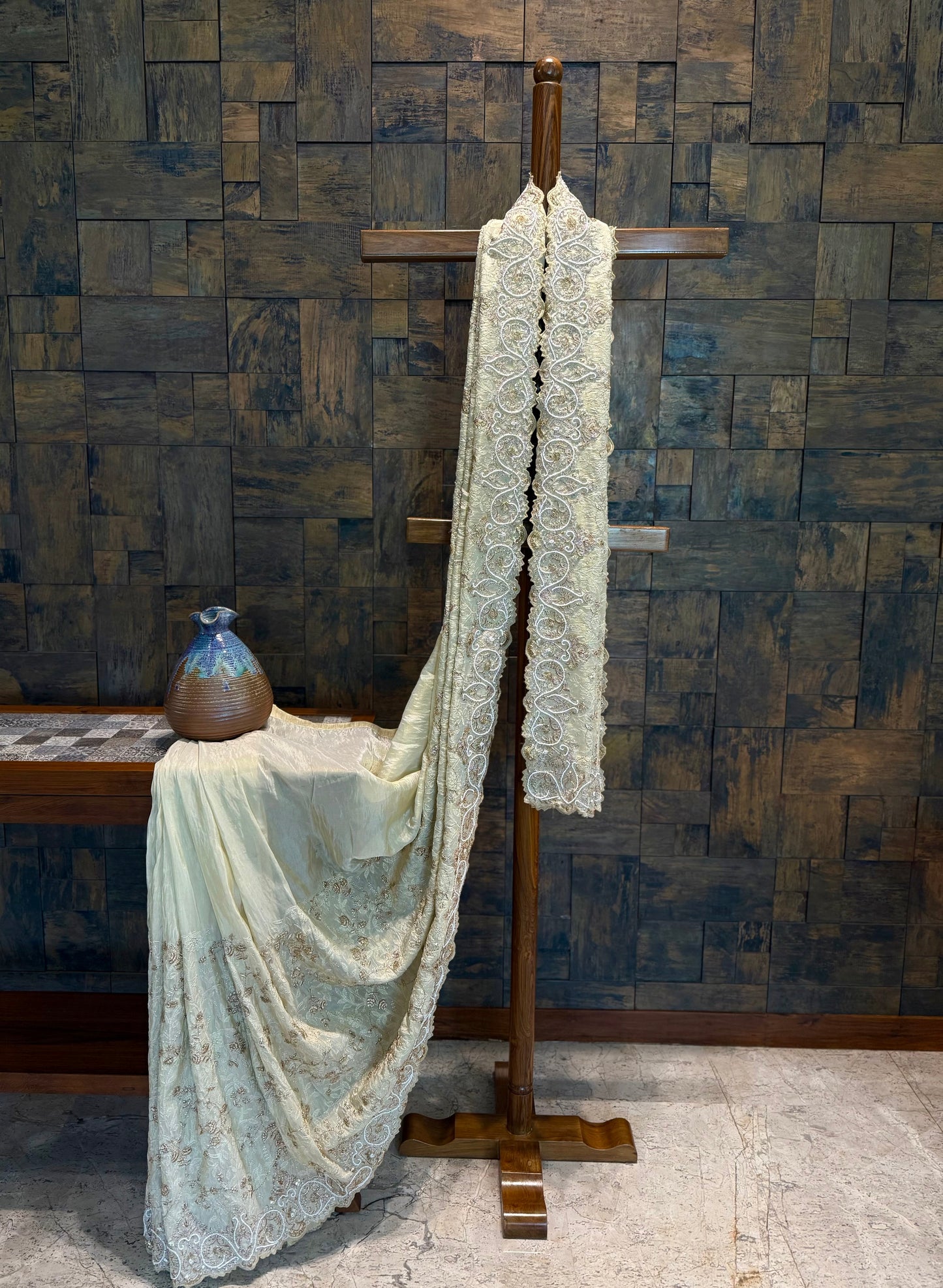 Ivory Beige-Gold Tissue Silk Saree with Handwork