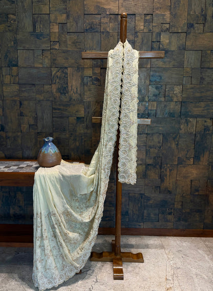 Ivory Beige-Gold Tissue Silk Saree with Handwork