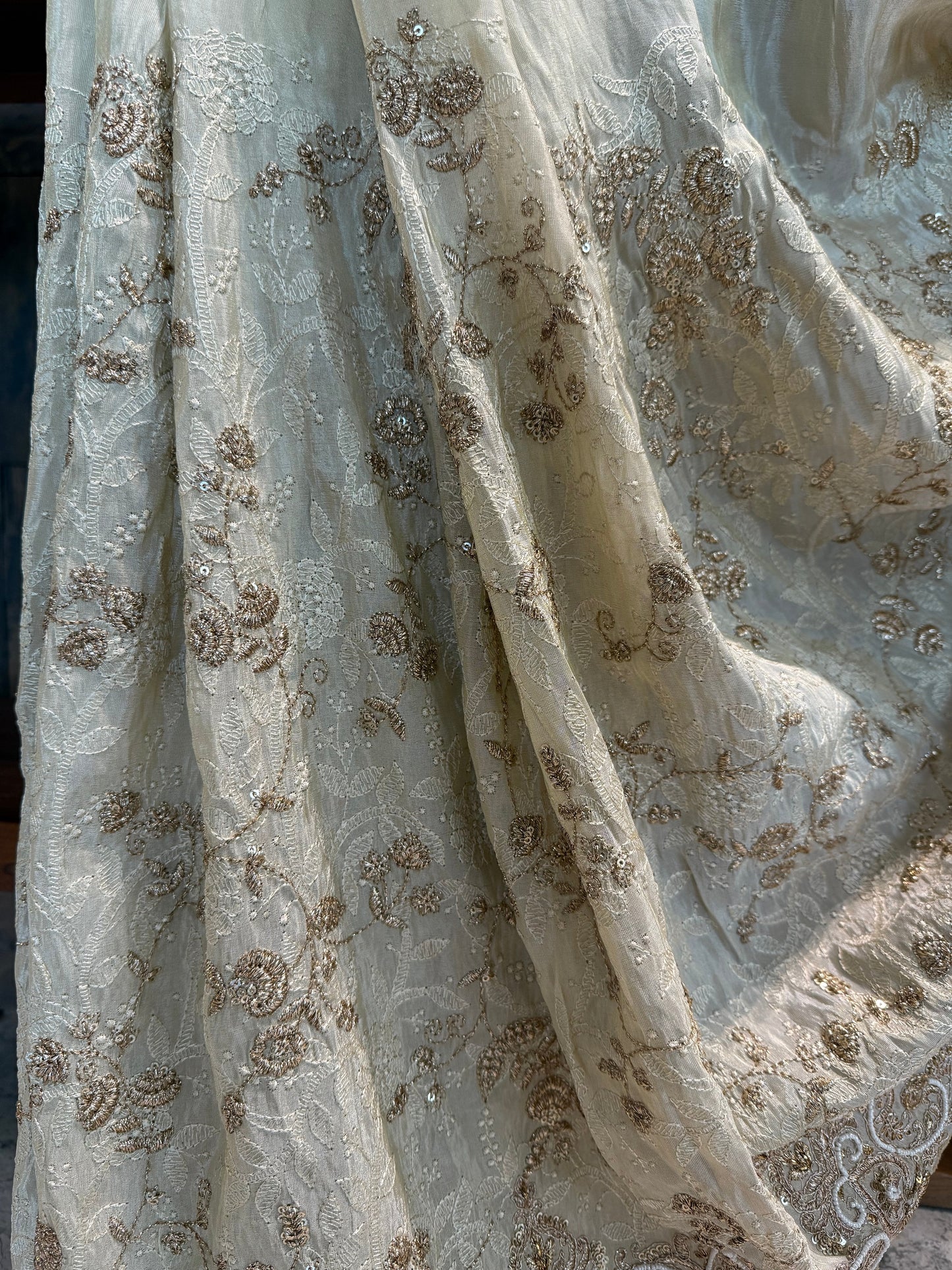 Ivory Beige-Gold Tissue Silk Saree with Handwork