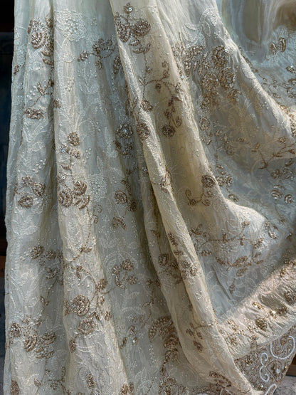Ivory Beige-Gold Tissue Silk Saree with Handwork
