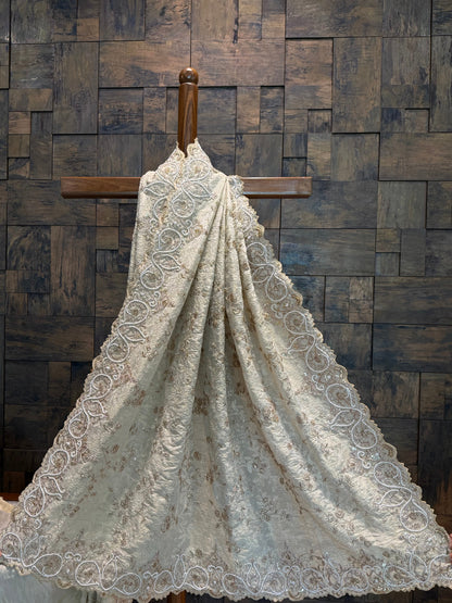 Ivory Beige-Gold Tissue Silk Saree with Handwork