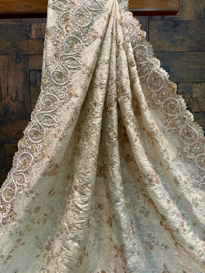 Ivory Beige-Gold Tissue Silk Saree with Handwork