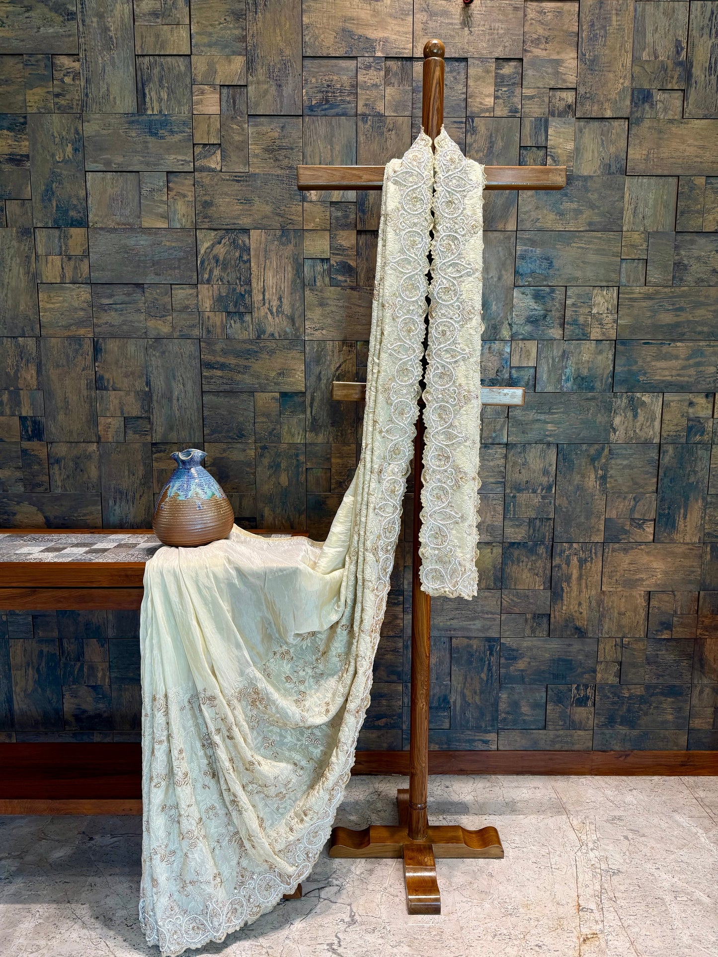 Ivory Beige-Gold Tissue Silk Saree with Handwork