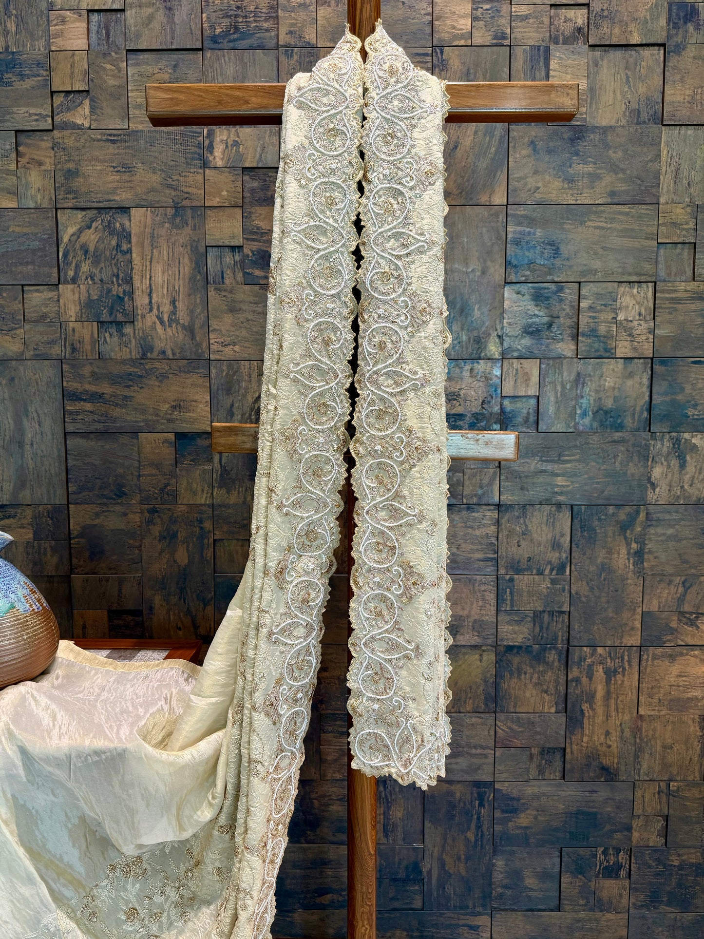 Ivory Beige-Gold Tissue Silk Saree with Handwork
