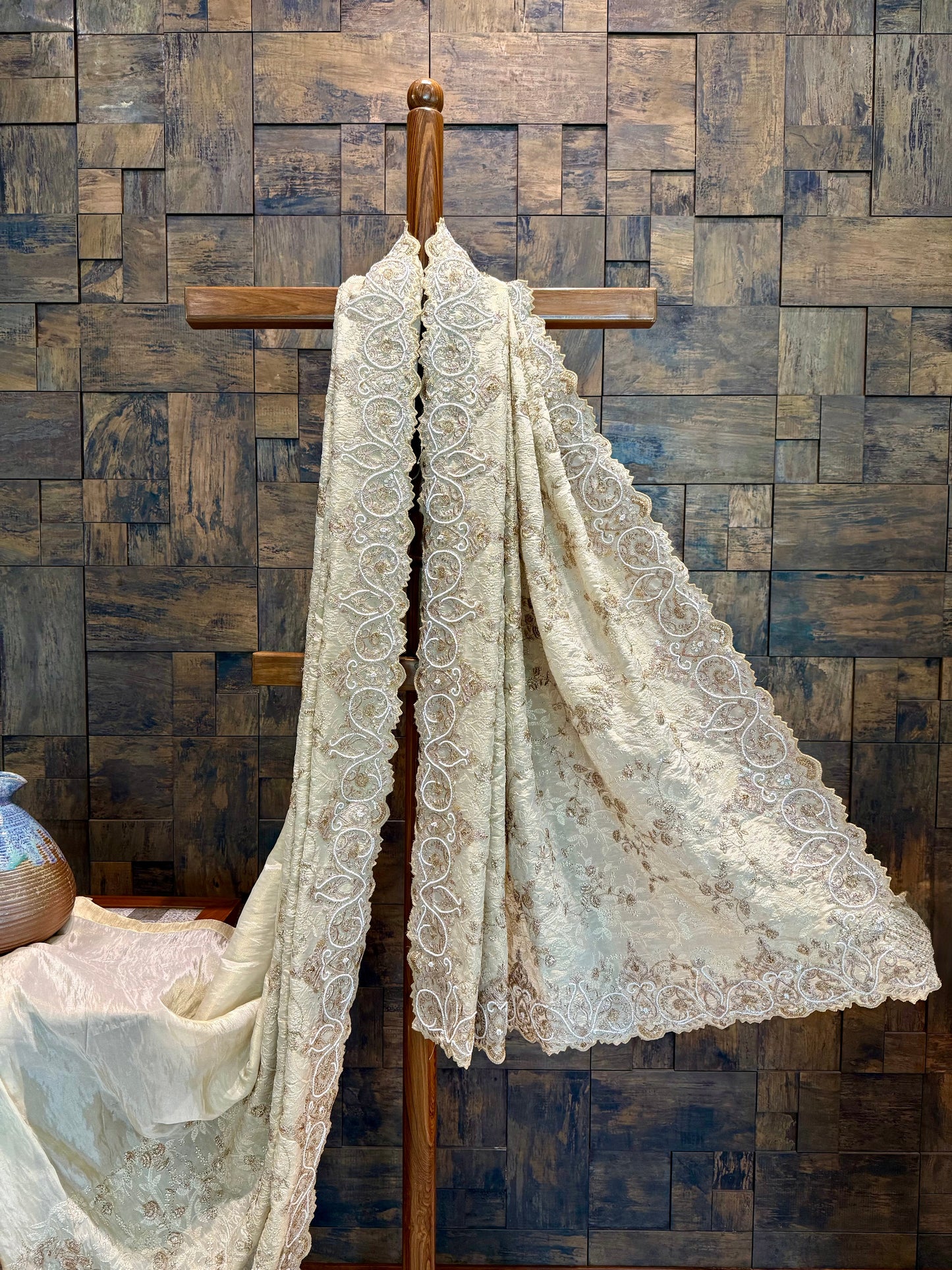 Ivory Beige-Gold Tissue Silk Saree with Handwork