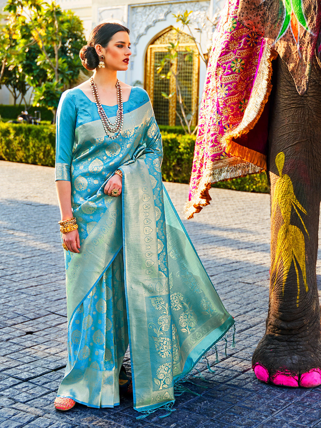 Teal Blue Kanjivaram Silk Saree with Woven Zari Work