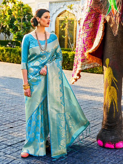 Teal Blue Kanjivaram Silk Saree with Woven Zari Work