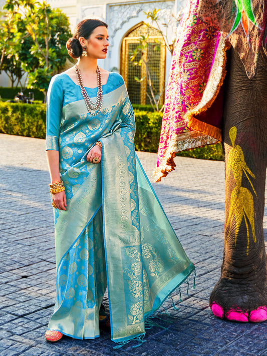 Teal Blue Kanjivaram Silk Saree with Woven Zari Work