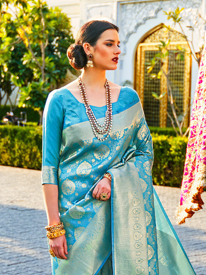 Teal Blue Kanjivaram Silk Saree with Woven Zari Work