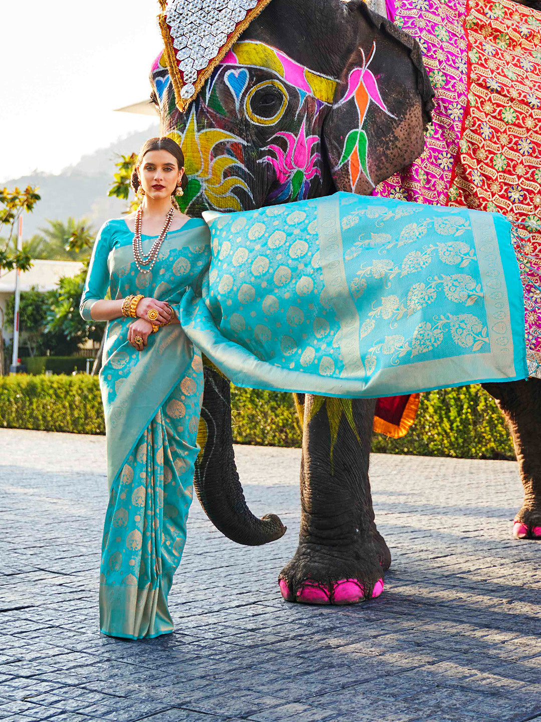 Teal Blue Kanjivaram Silk Saree with Woven Zari Work