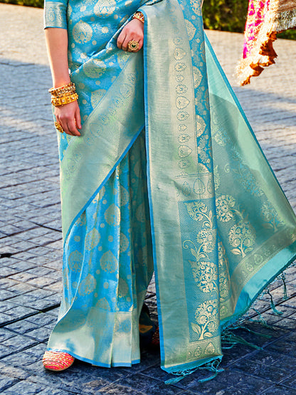 Teal Blue Kanjivaram Silk Saree with Woven Zari Work