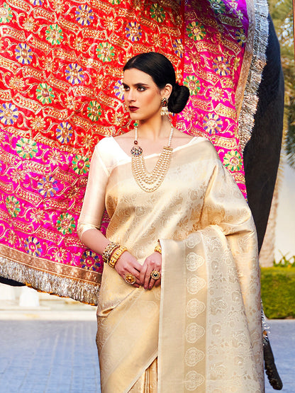 White Kanjivaram Silk Saree with Woven Zari Work