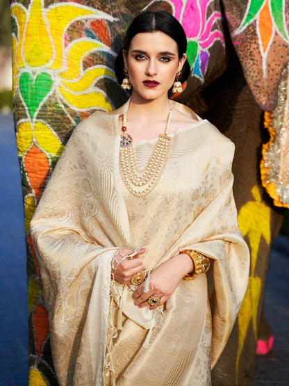 White Kanjivaram Silk Saree with Woven Zari Work