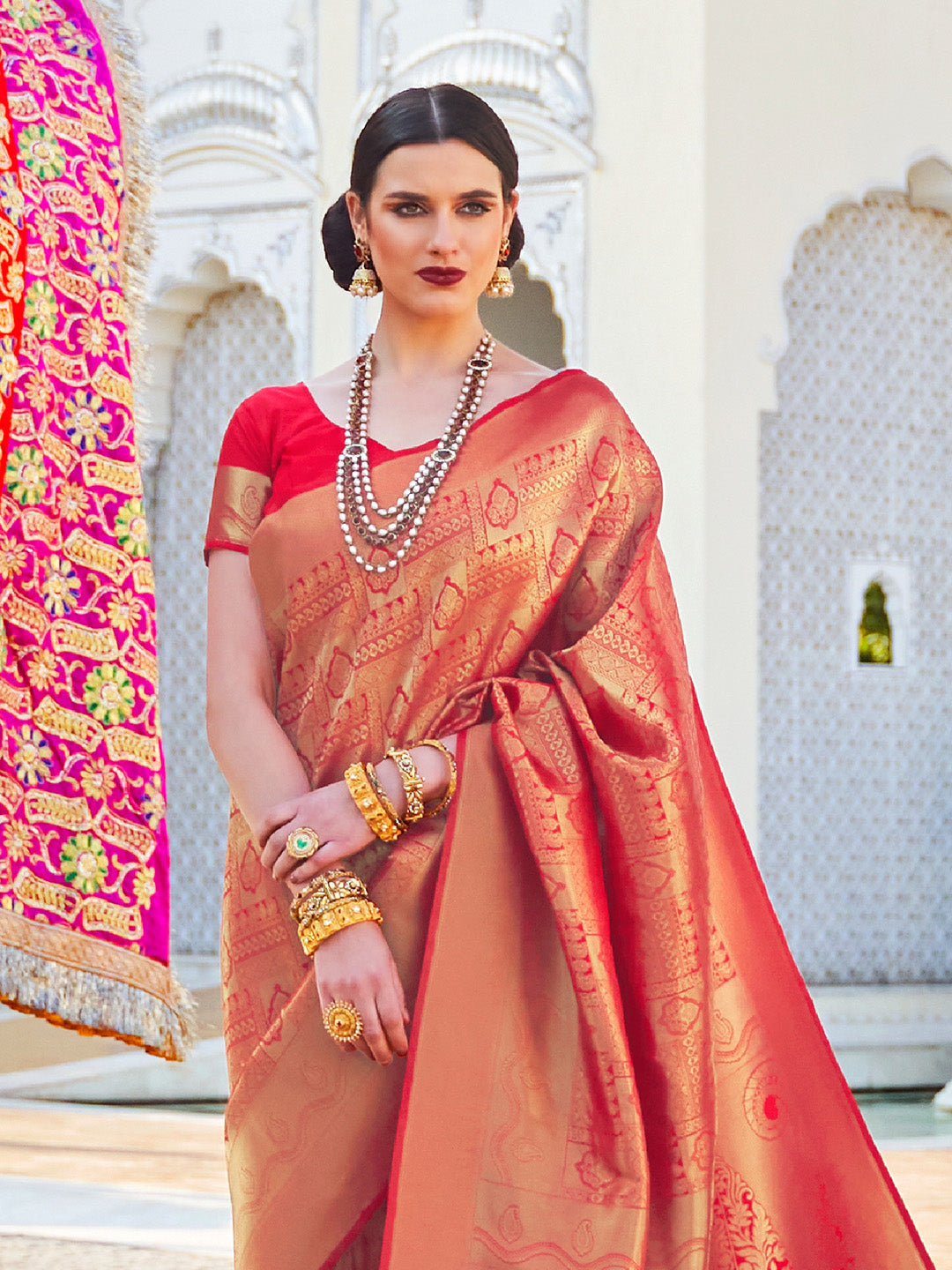 Red Kanjivaram Silk Saree with Woven Zari Work