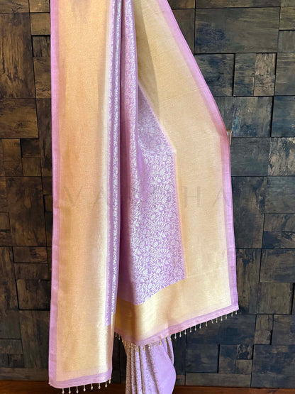 Lilac Viscose Kanjivaram Tissue Silk Saree with Gold Zari Border